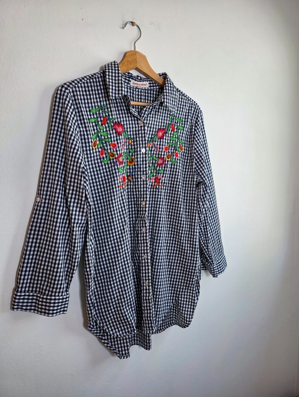 Embroidered Grand & Greene Gingham Cottagecore Floral Button-Up